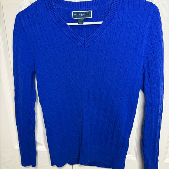 Karen Scott Sweaters - Karen Scott Cable Knit V-Neck Sweater Women's Small Blue Cotton Soft Knit